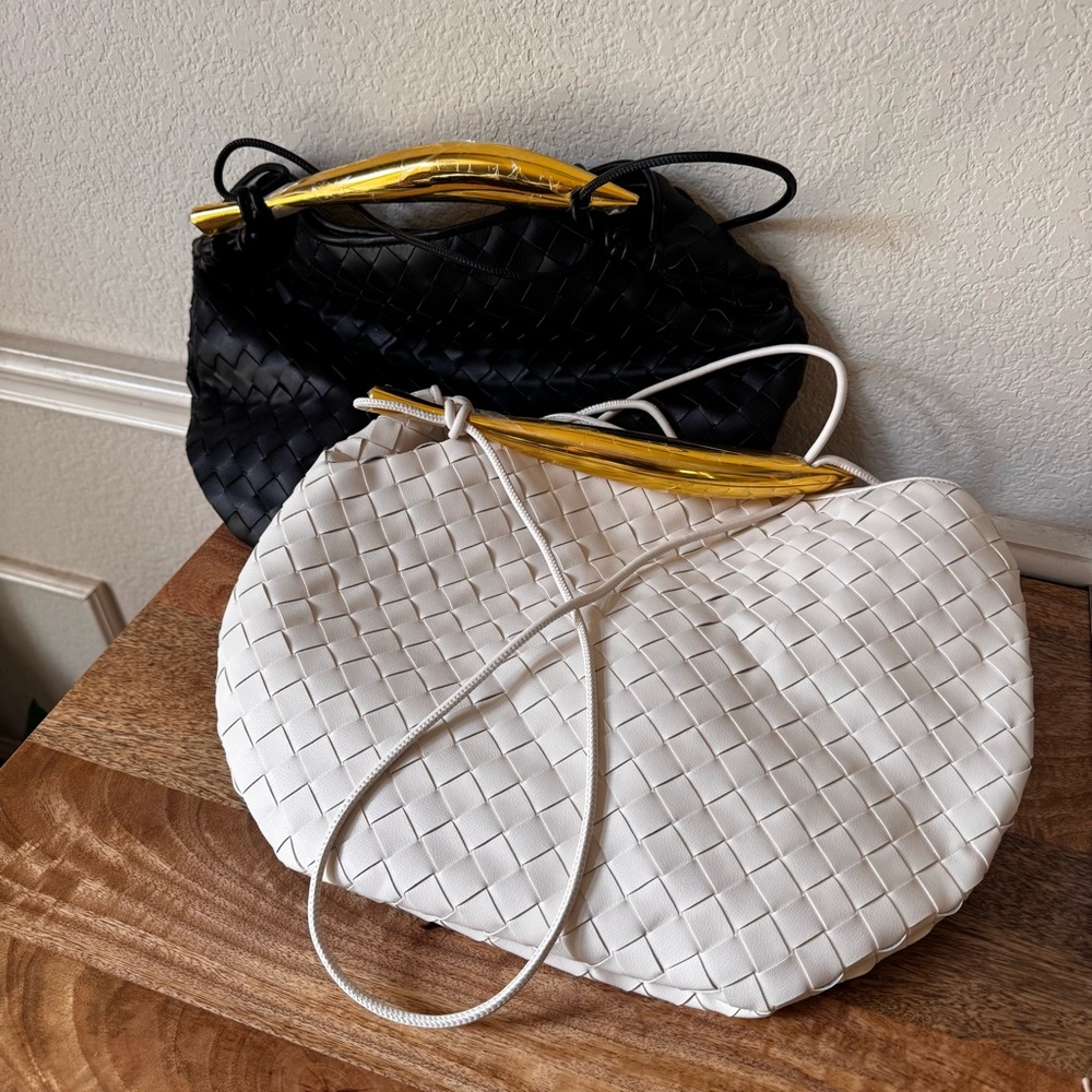 Black Off White Weave Intrecciato Woven Top Handle Clutch Bag B6